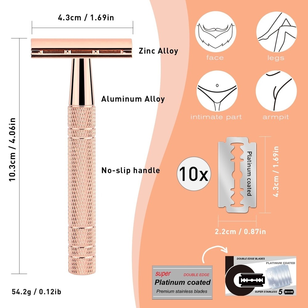 Bulimica Double Edge Safety Razor Rose Gold w/ Stand & 10 Blades New - Picture 3 of 3